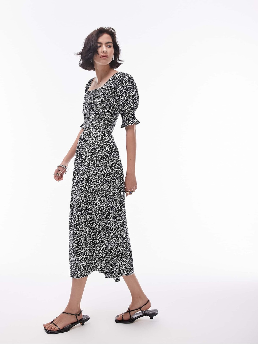 Topshop seersucker midi dress in monochrome floral